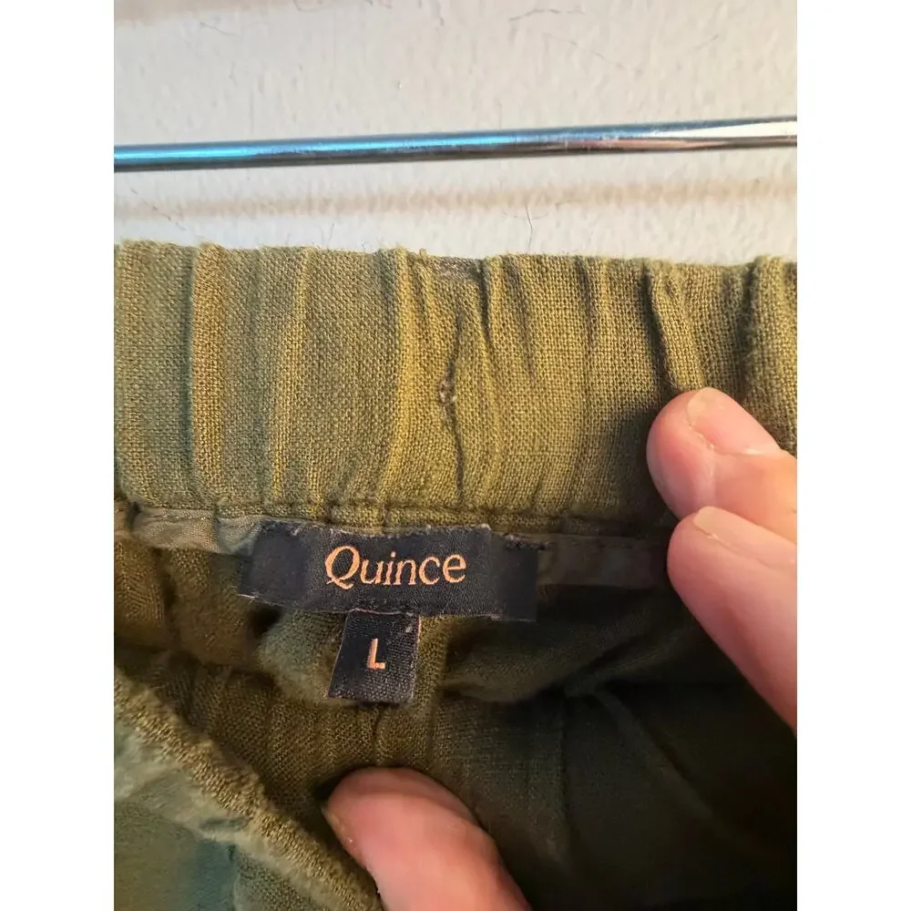 Quince 100% European Linen Pants Olive Green L Pull On Wide Leg Pockets